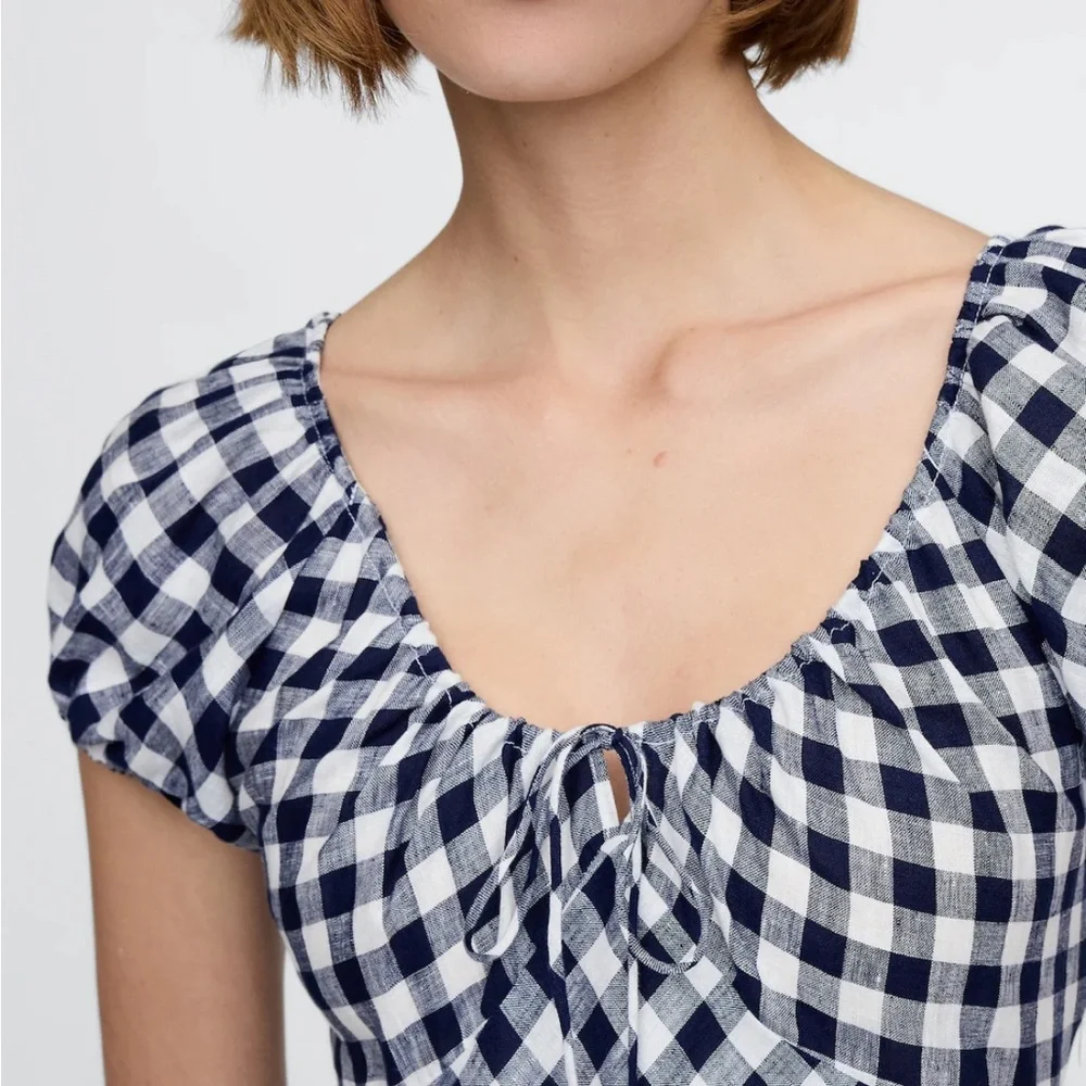 DOEN Navy Gingham Midi Dress - Women's Cap Sleeve Maxi - Picture 2 of 7